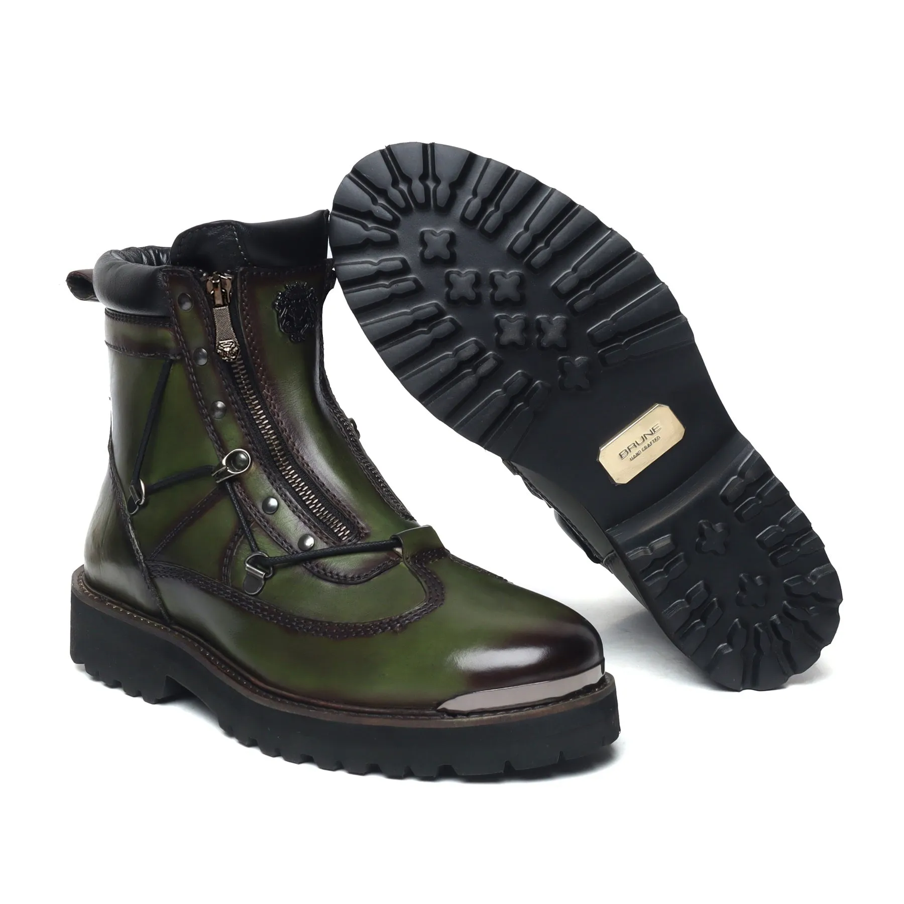 Green Chunky Boots With Metal Plate on Toe