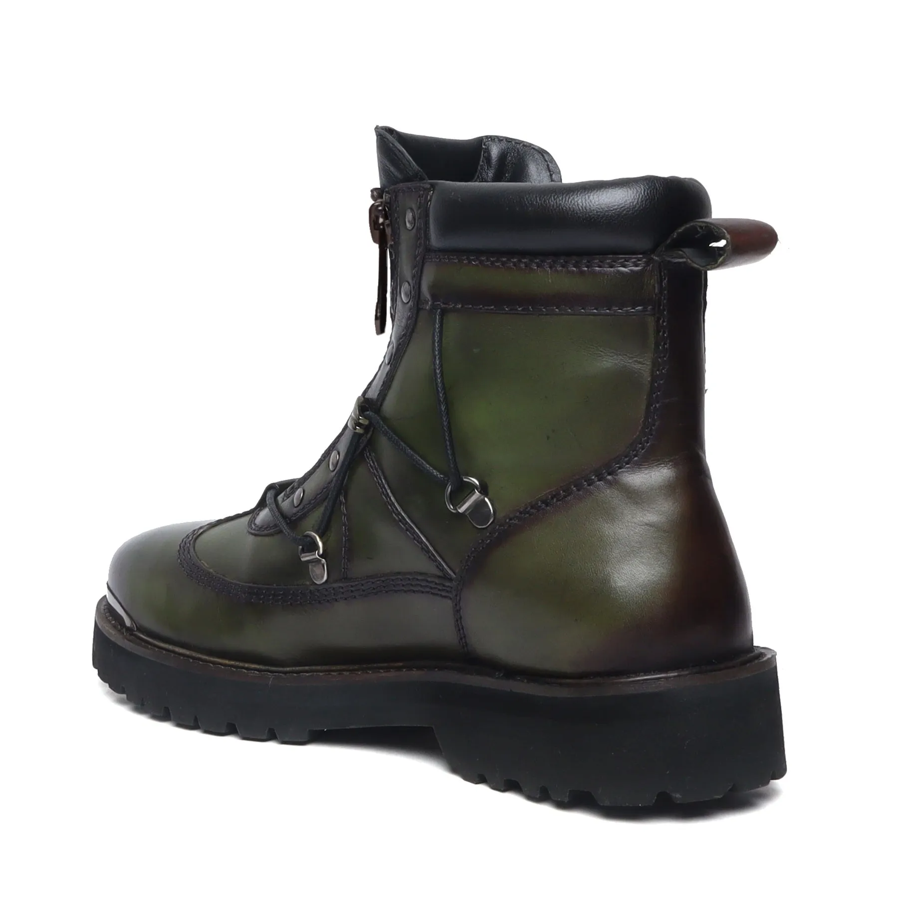 Green Chunky Boots With Metal Plate on Toe