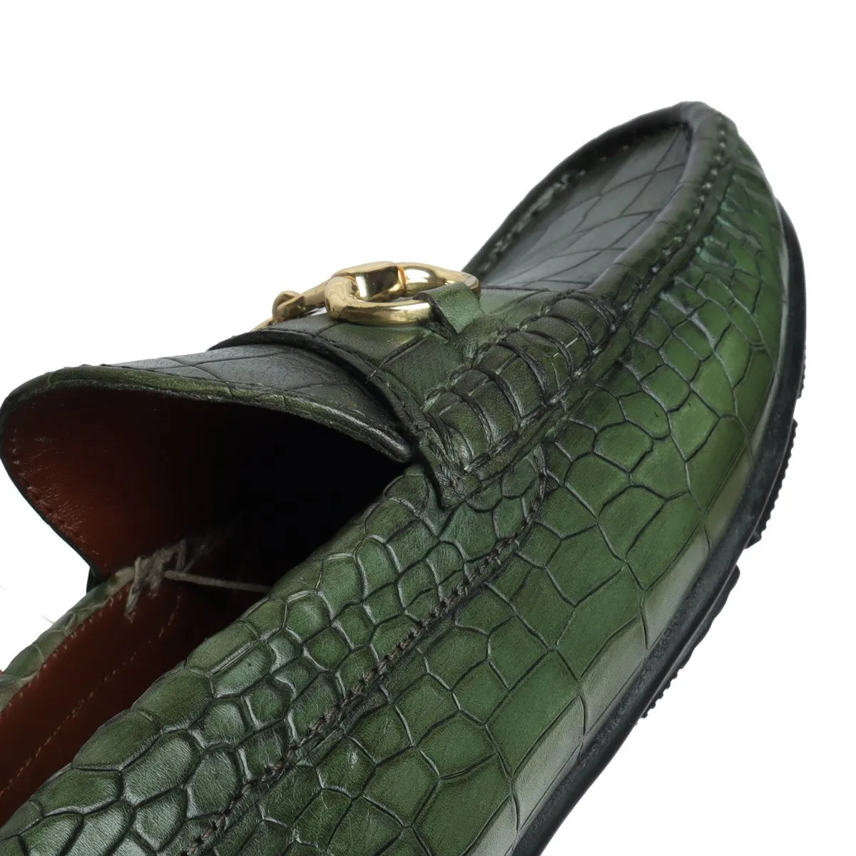 Green Croco Textured Leather Loafers