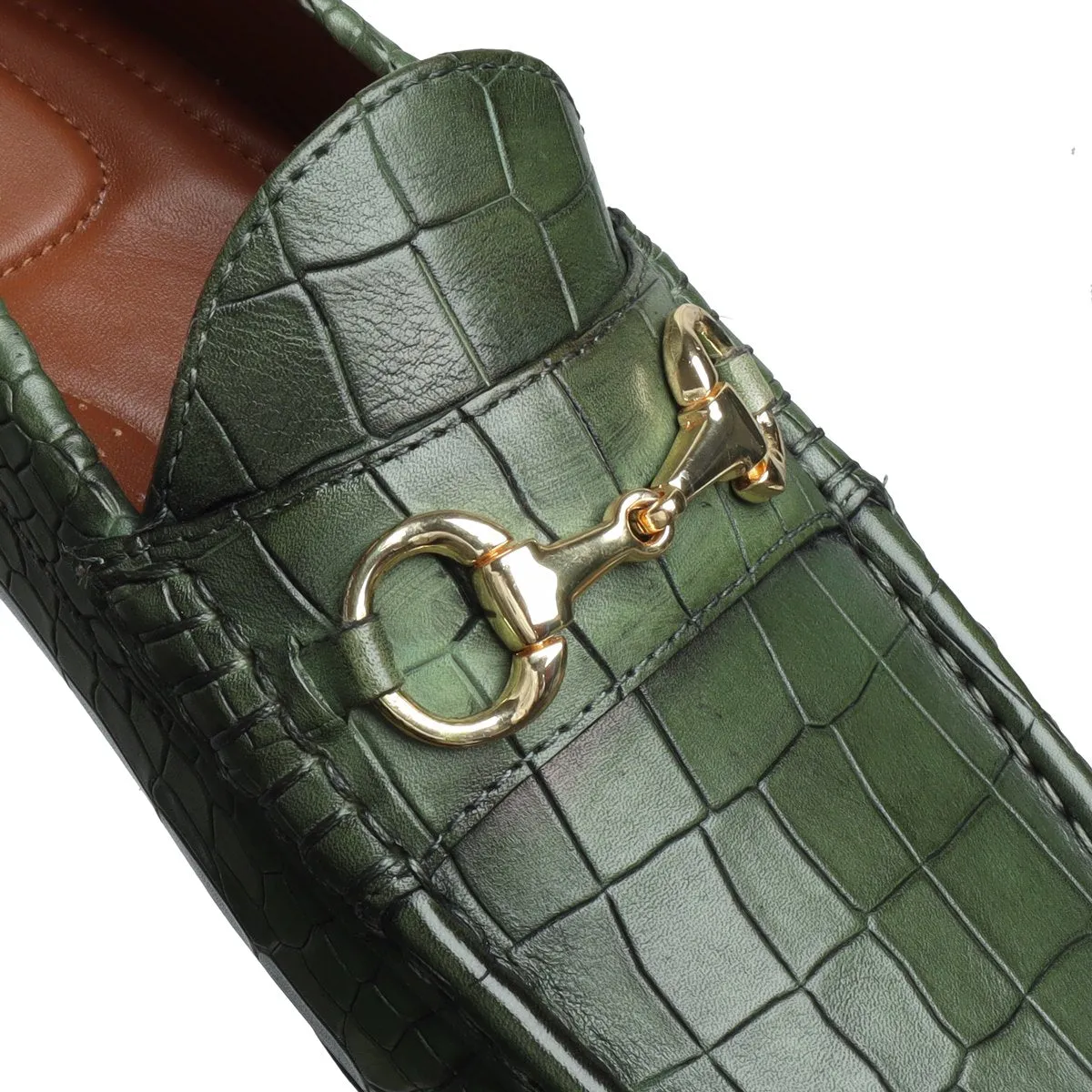 Green Croco Textured Leather Loafers