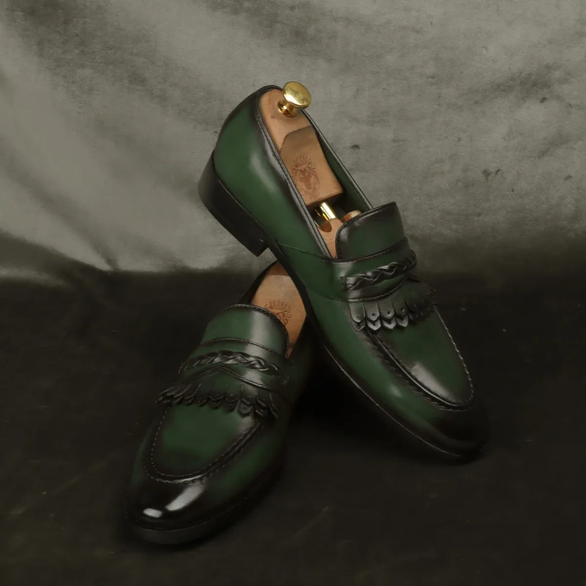 Green Leather Dual Fringes Weaved Strip Slip-On Loafers By Brune & Bareskin