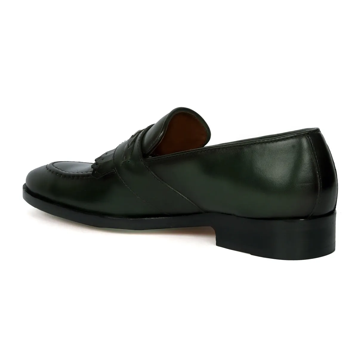 Green Leather Dual Fringes Weaved Strip Slip-On Loafers By Brune & Bareskin