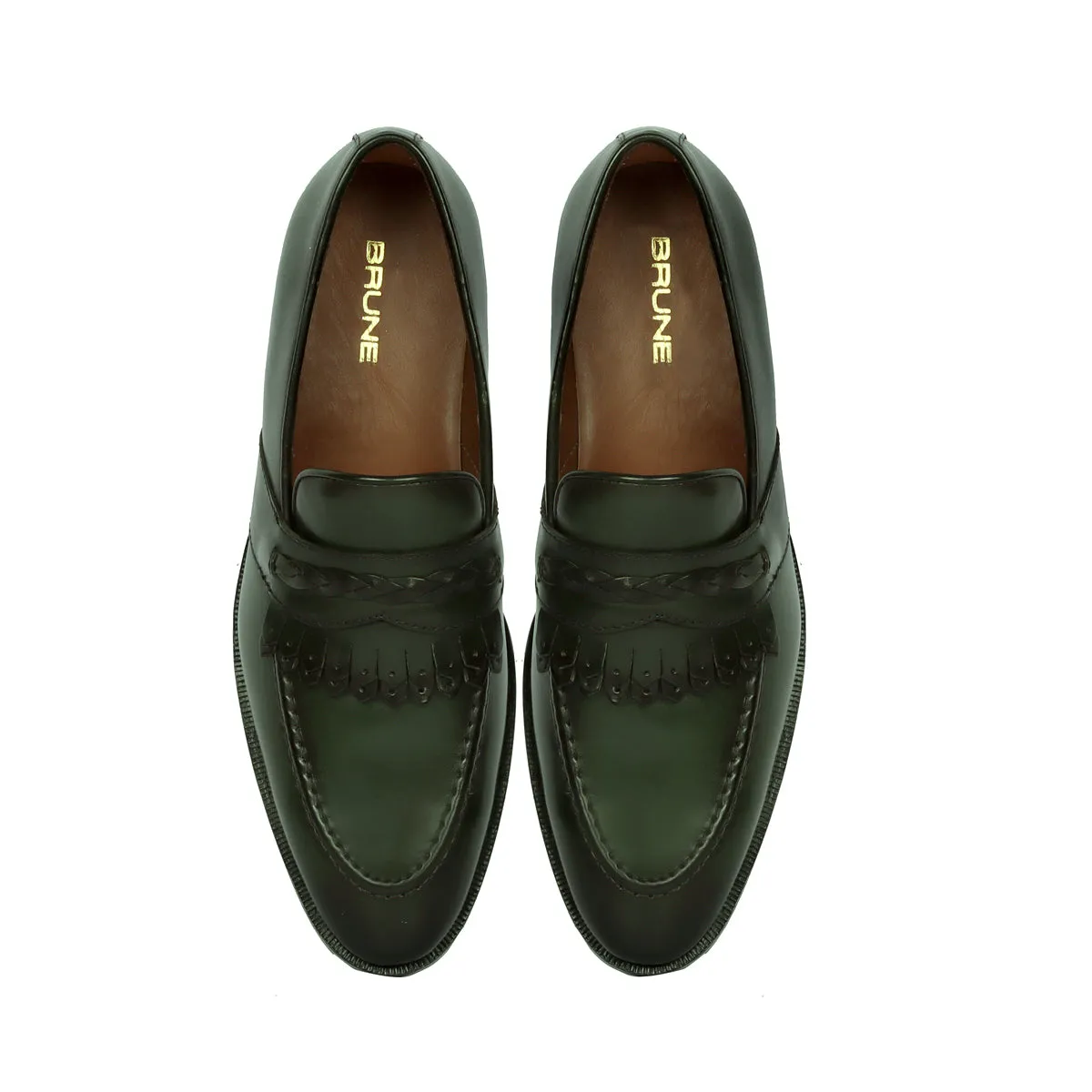 Green Leather Dual Fringes Weaved Strip Slip-On Loafers By Brune & Bareskin