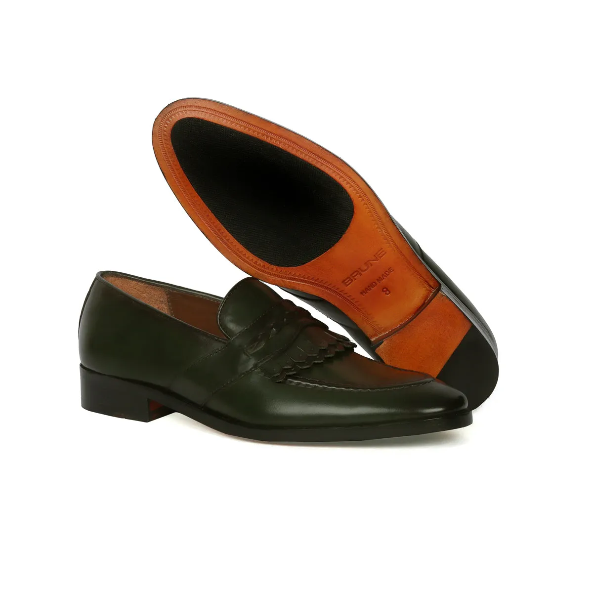 Green Leather Dual Fringes Weaved Strip Slip-On Loafers By Brune & Bareskin