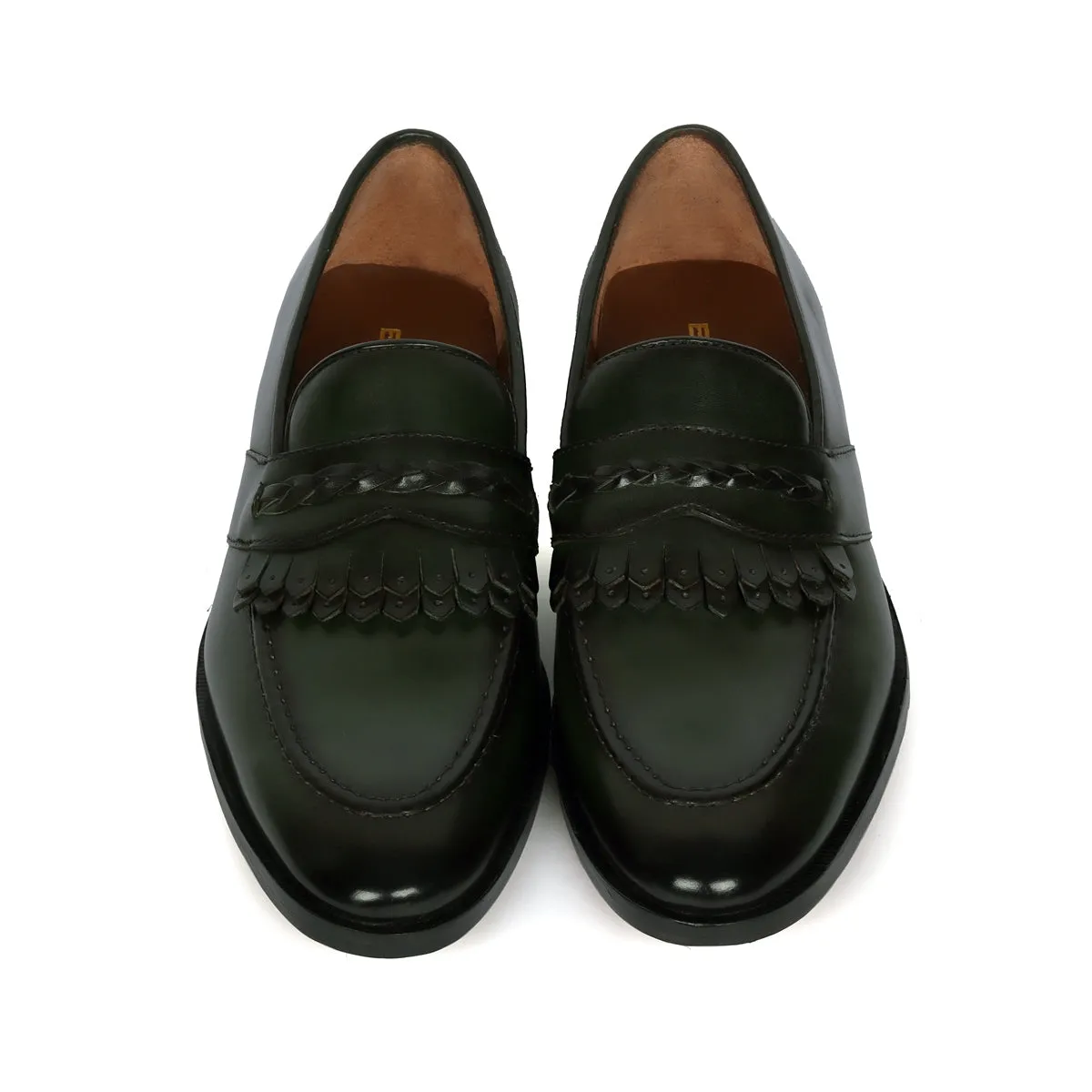 Green Leather Dual Fringes Weaved Strip Slip-On Loafers By Brune & Bareskin