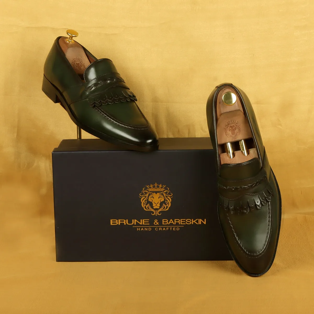 Green Leather Dual Fringes Weaved Strip Slip-On Loafers By Brune & Bareskin