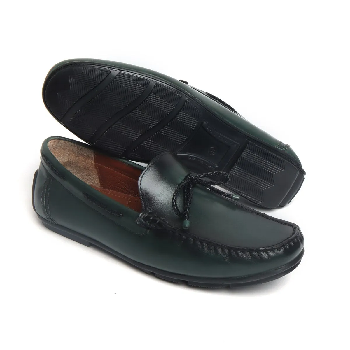 Green Leather Tassel Bow Loafers