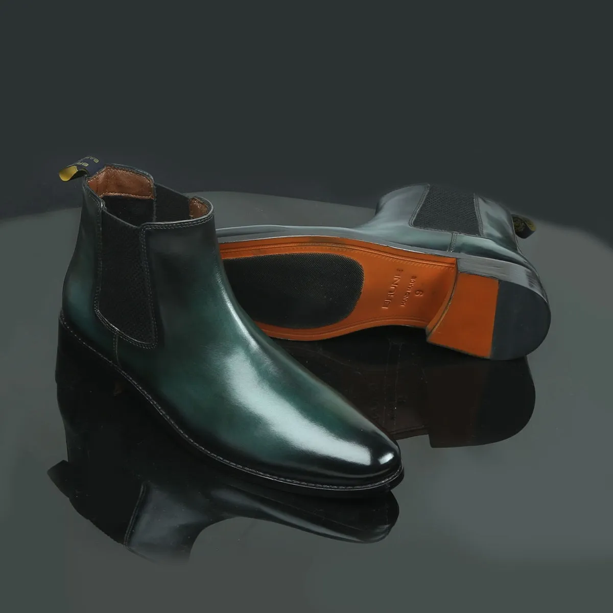 Green Leather With Leather Sole Hand Made Chelsea Boots For Men By Brune & Bareskin