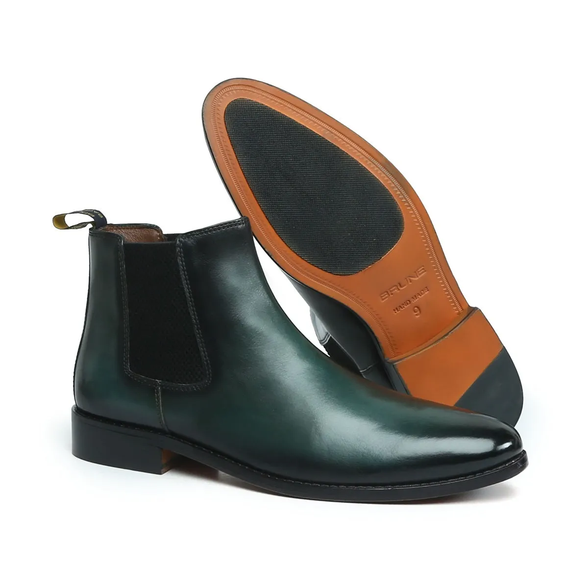 Green Leather With Leather Sole Hand Made Chelsea Boots For Men By Brune & Bareskin