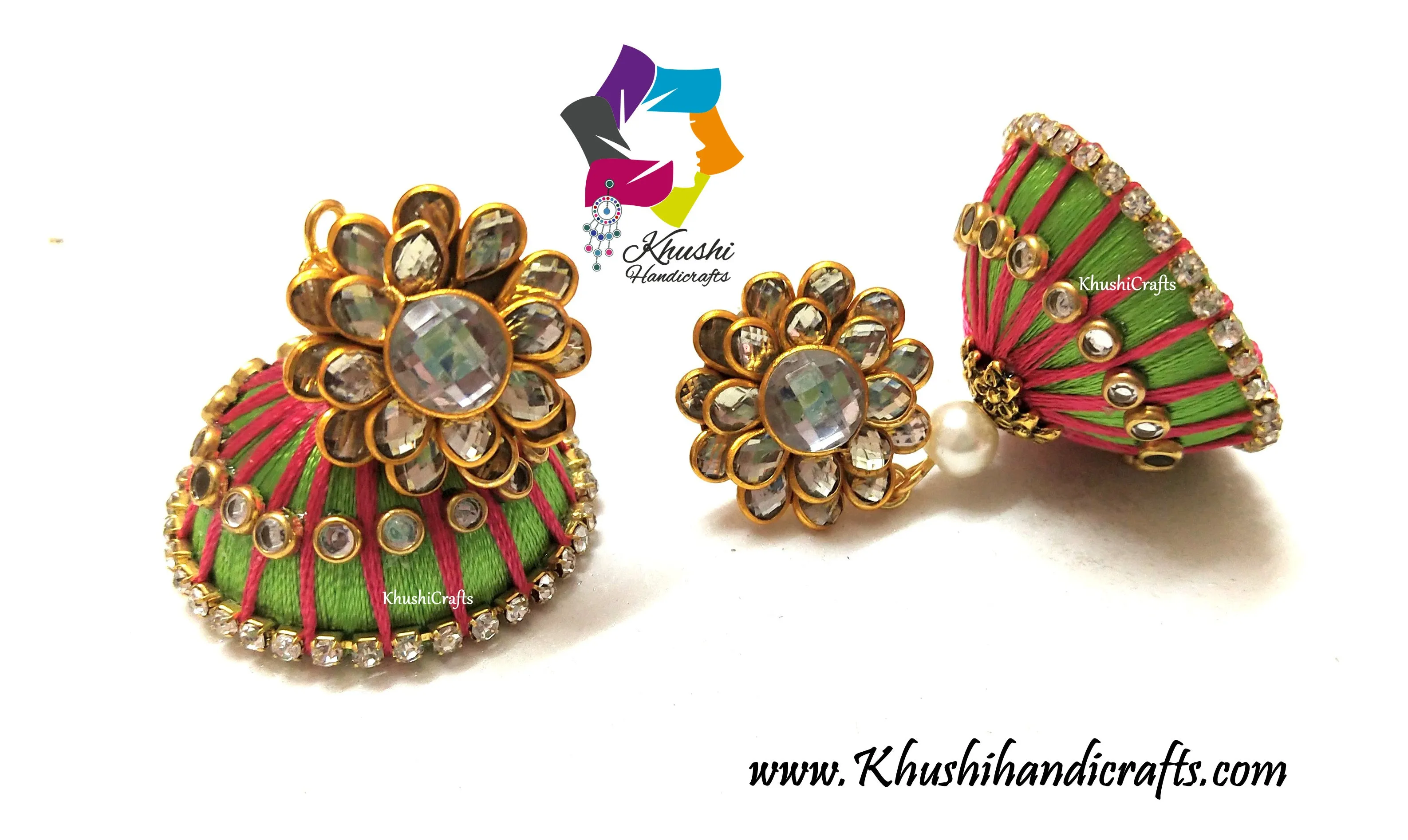 Green Pink Silk thread Jhumkas with Pachi Stud