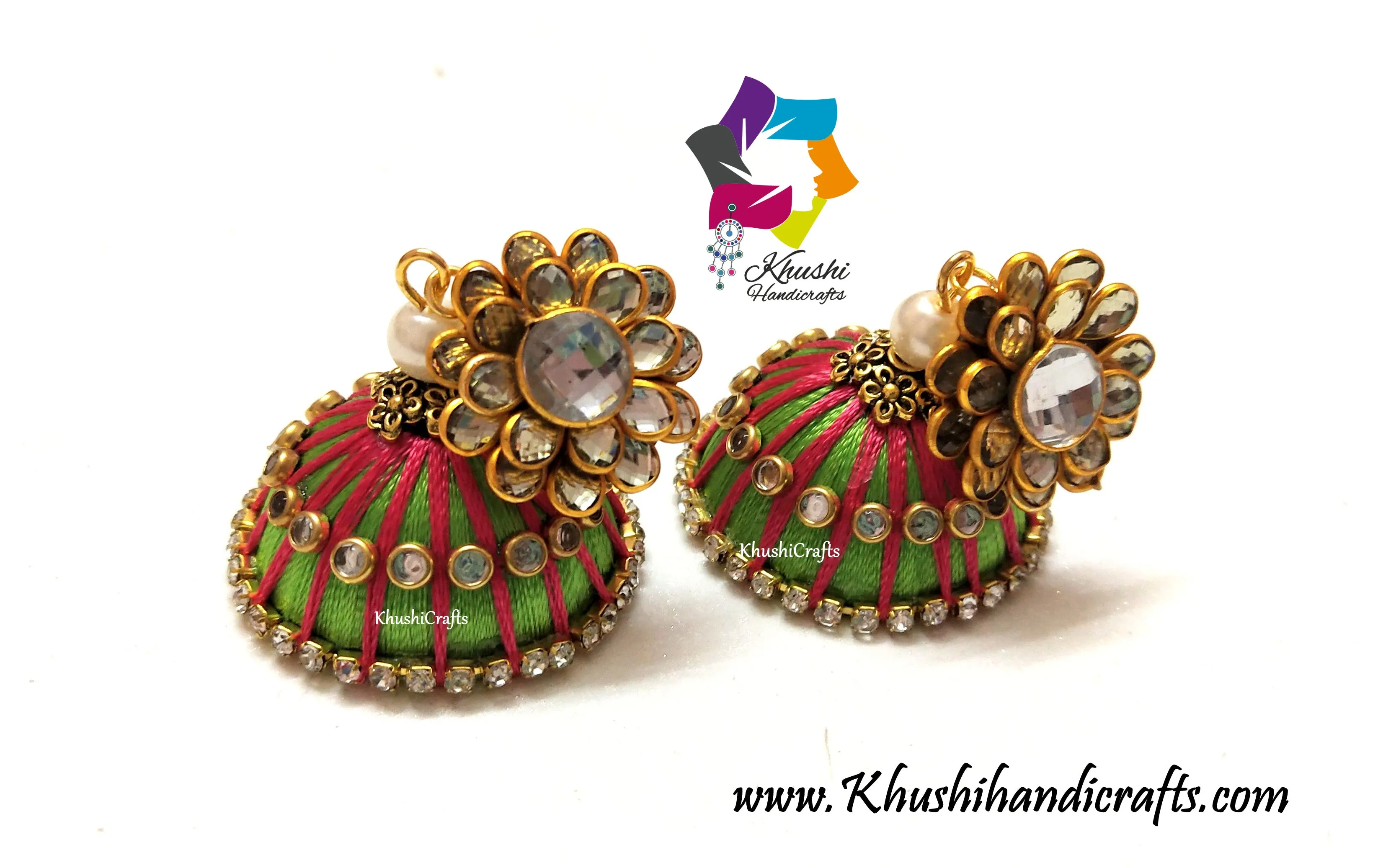 Green Pink Silk thread Jhumkas with Pachi Stud