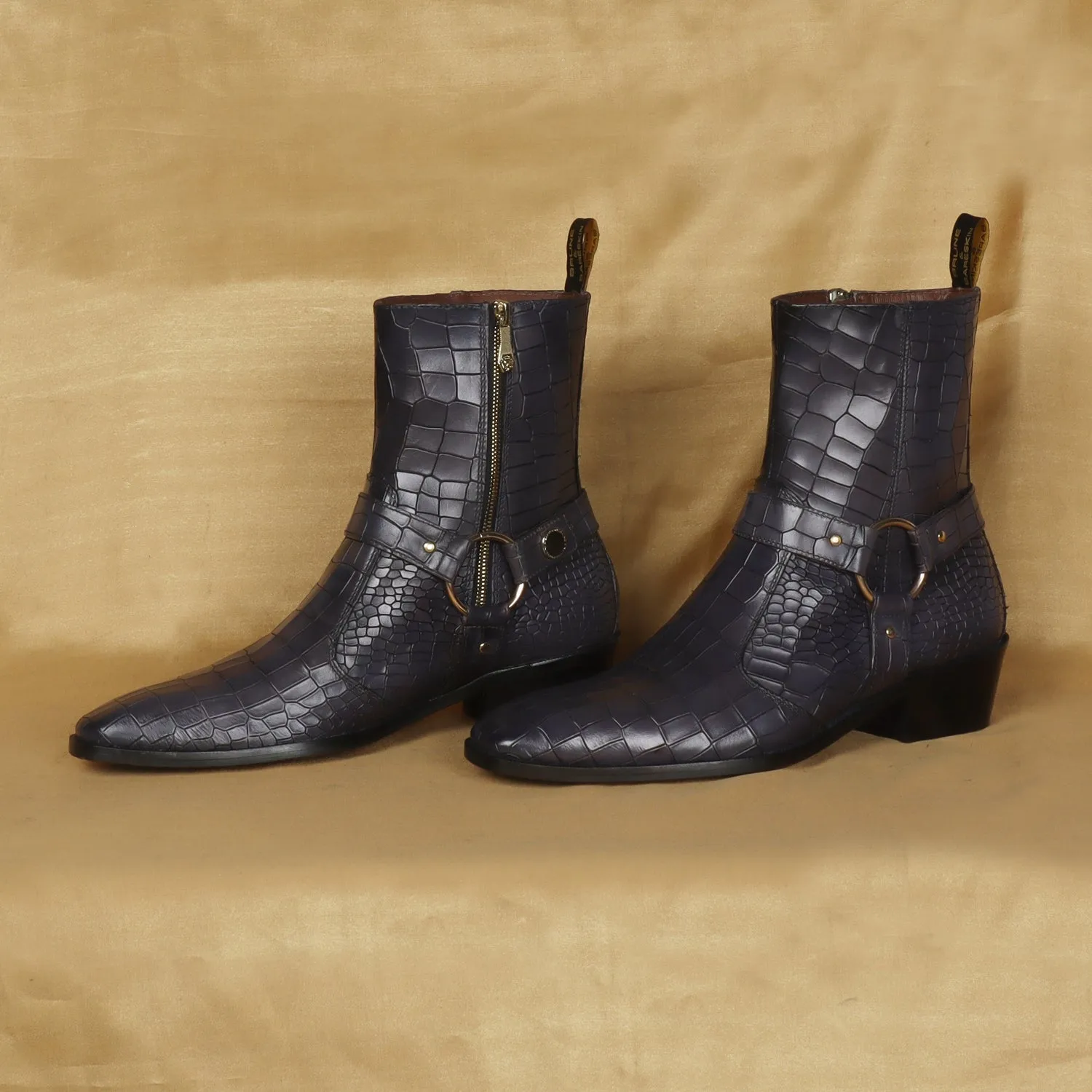 Grey Deep Cut Leather Boots Perfect Cuban Heel With Stylish Buckle Strap By Brune & Bareskin