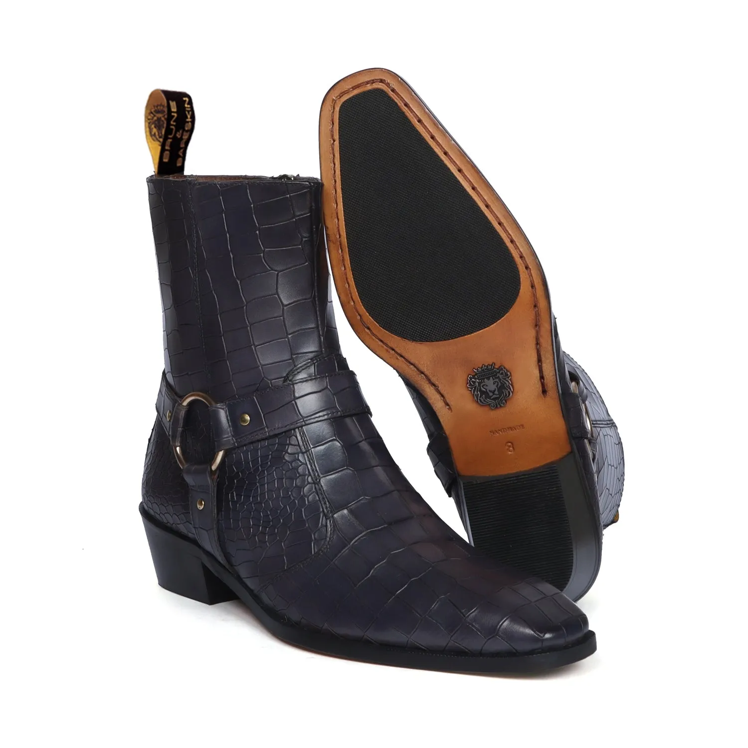 Grey Deep Cut Leather Boots Perfect Cuban Heel With Stylish Buckle Strap By Brune & Bareskin