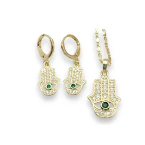 Hamsa hand green stone white crystals chain necklace in 18k of gold plated