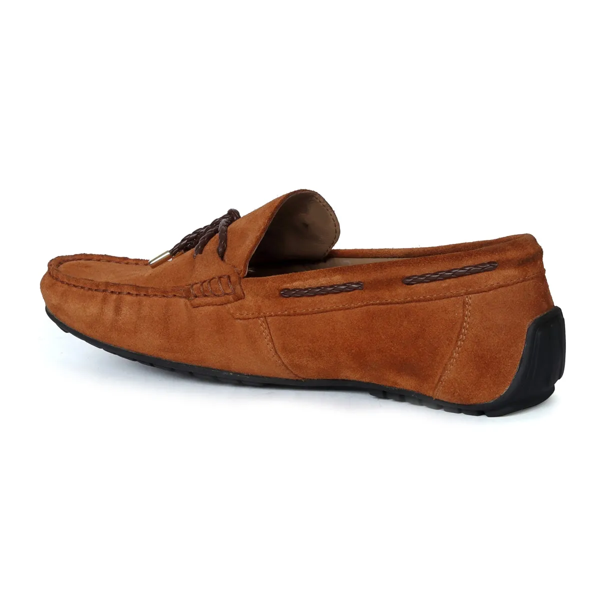 Hand Weaved Tassel Bow Loafers with Mini Lion Orangish Suede Leather