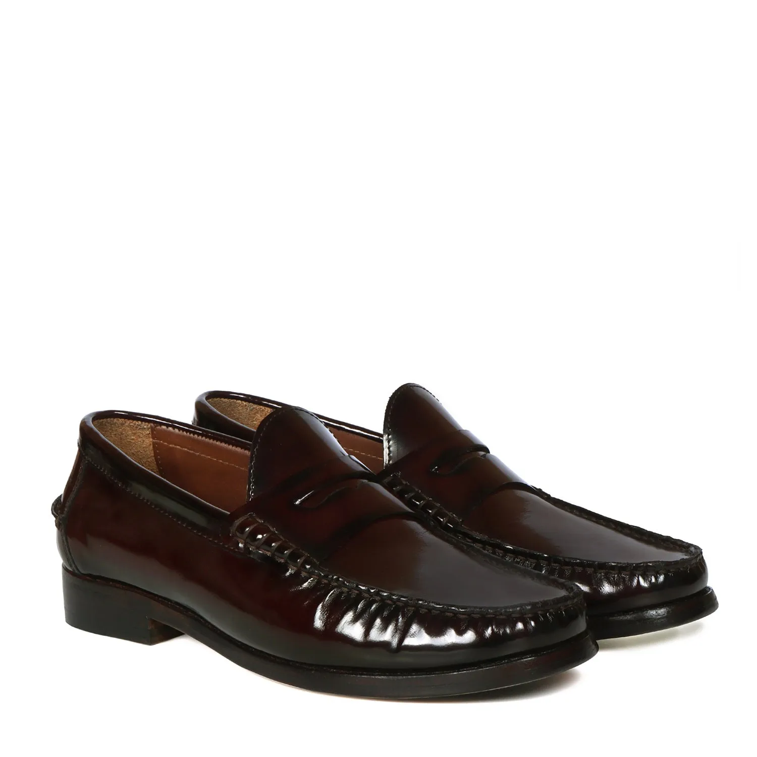 High Gloss Stitched Loafers with Squared Shape Patent Leather