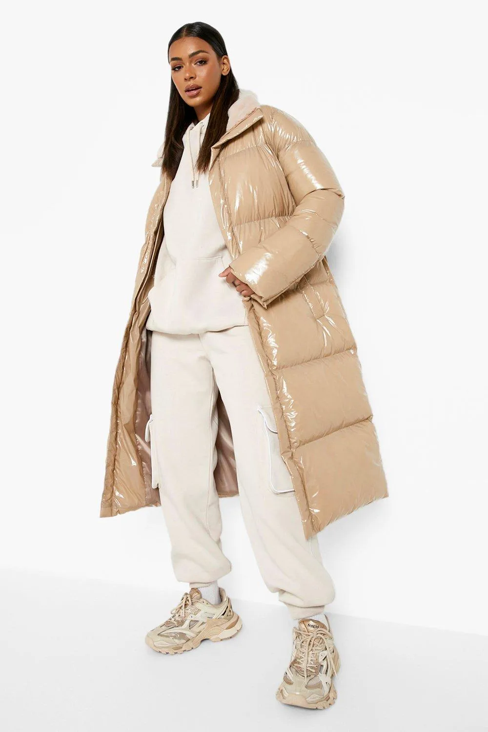 High Shine Faux Fur Trim Puffer