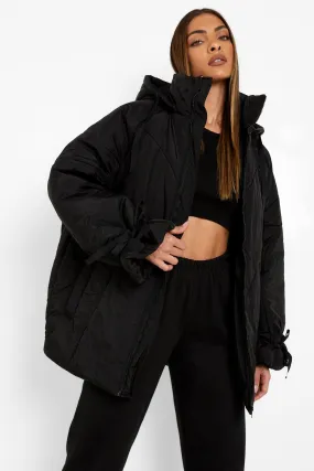 Hooded Tie Detail Funnel Neck Puffer Jacket