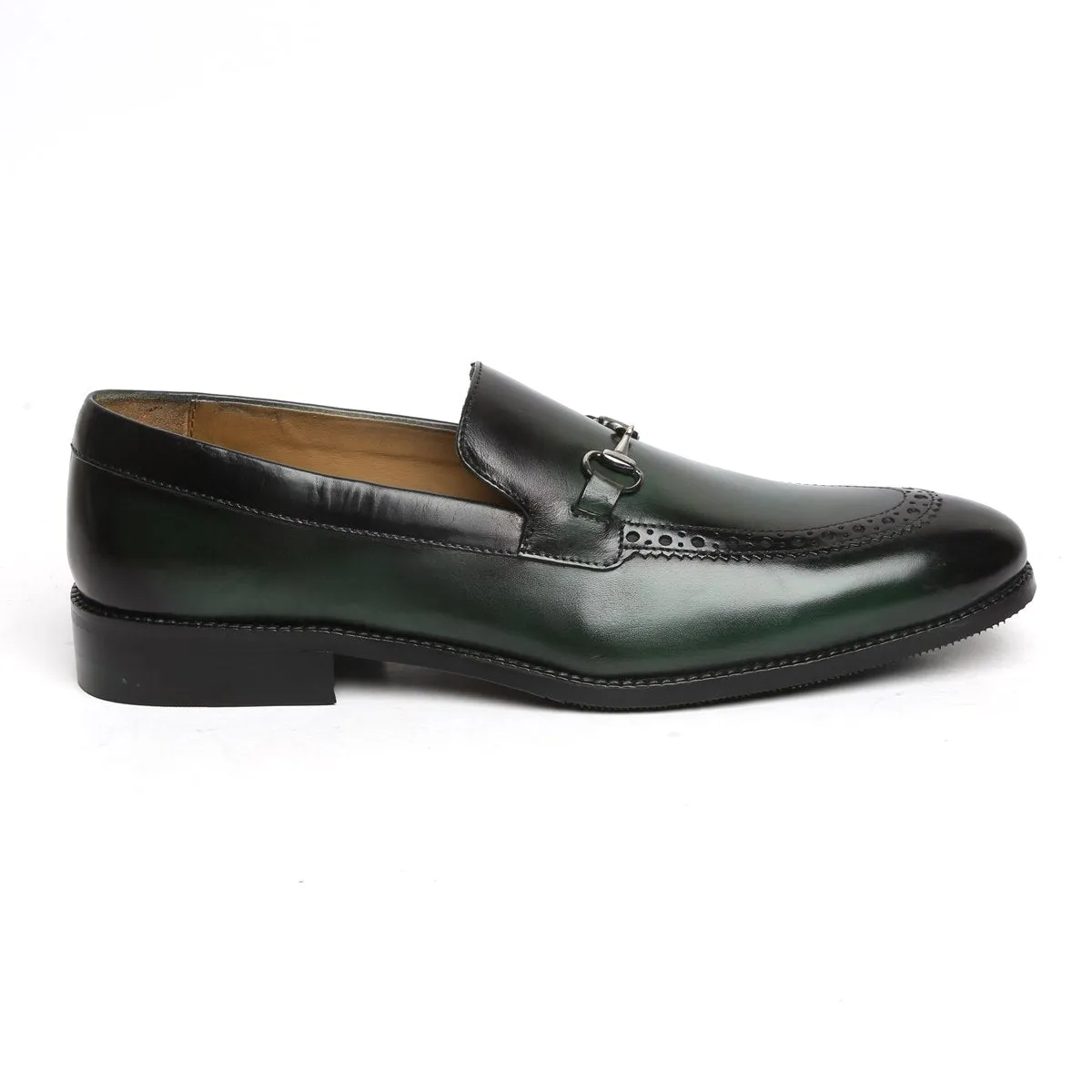 Horse-bit Detailing Leather Loafers with Green Punching Brogue Design