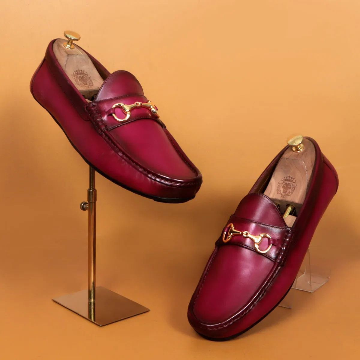 Horse-bit Driving Loafers Shoe in Pink Leather