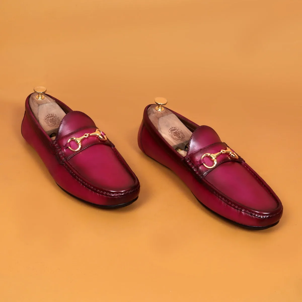 Horse-bit Driving Loafers Shoe in Pink Leather