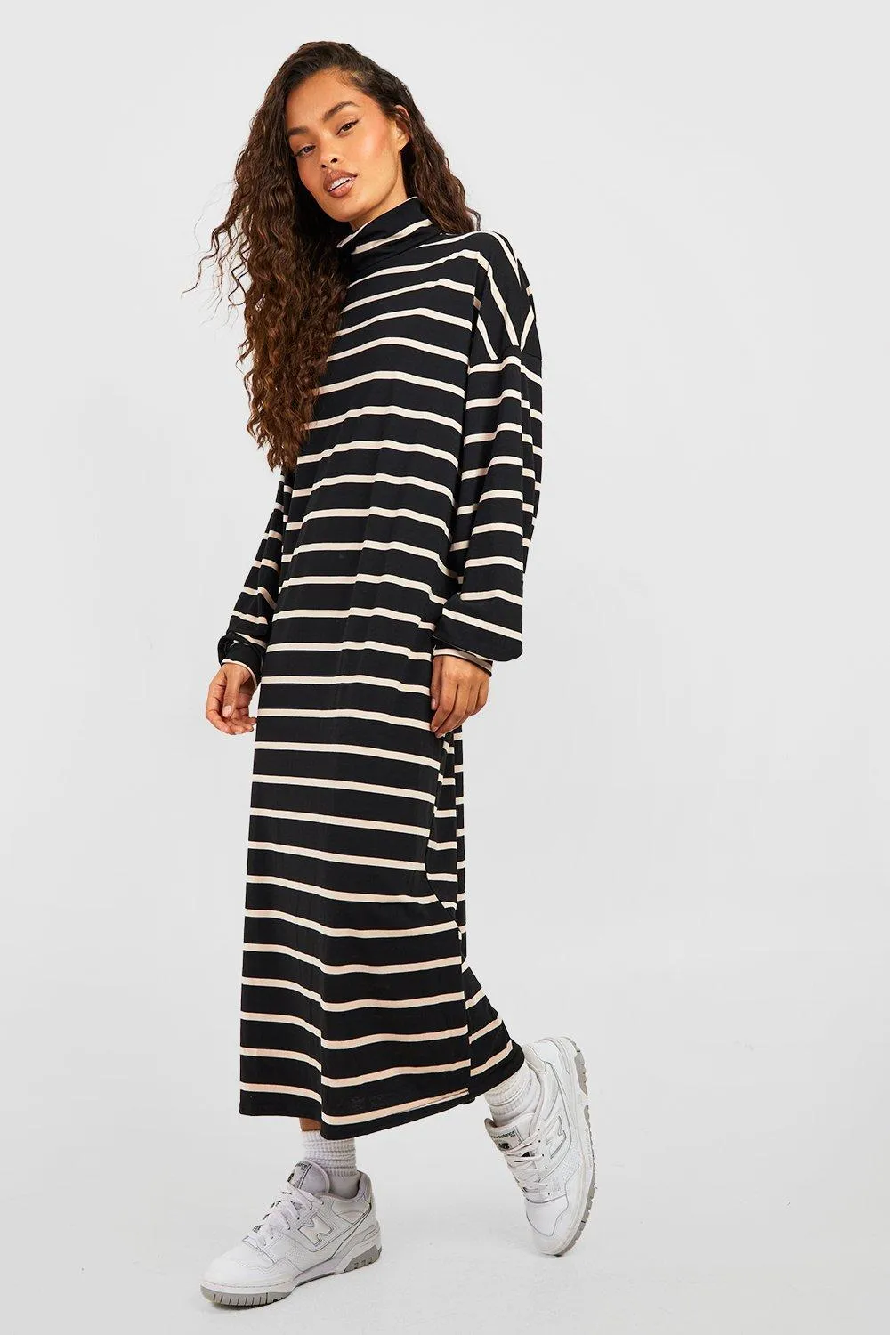 Jersey Knit Stripe Turtleneck Midi Dress