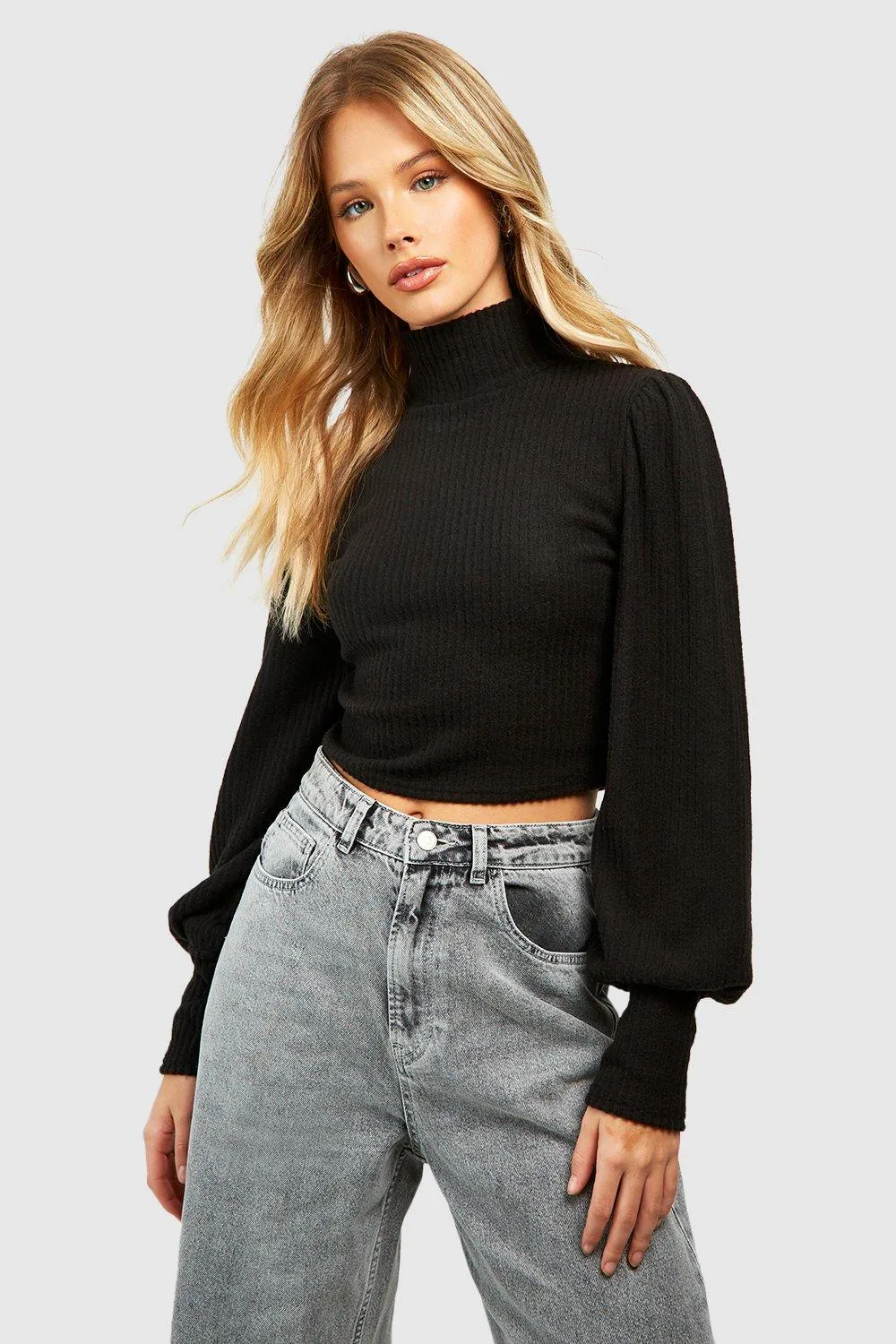 Knitted Turtleneck Neck Puff Sleeve Top