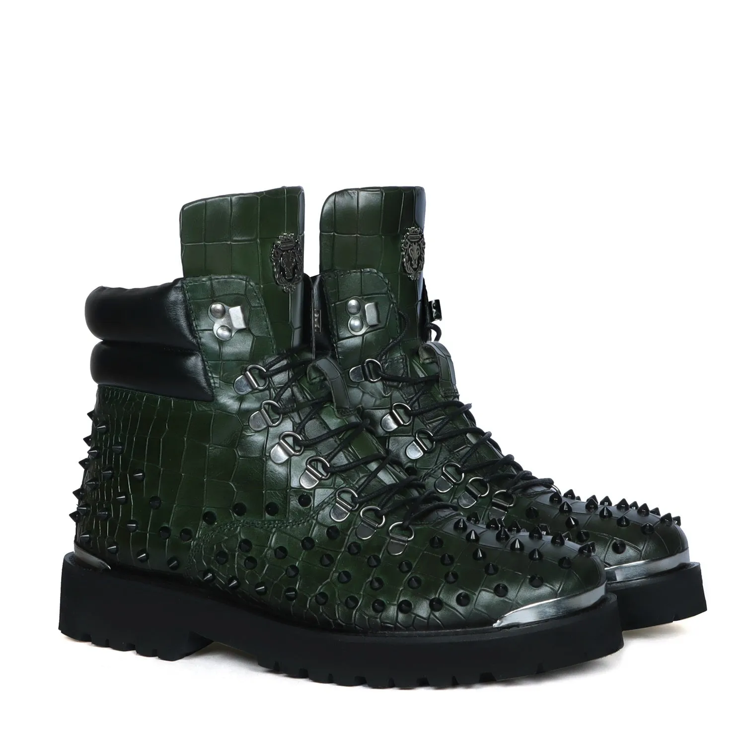 Lace-Up Chunky Boots Green Croco Textured Leather with Black stud by Brune & Bareskin