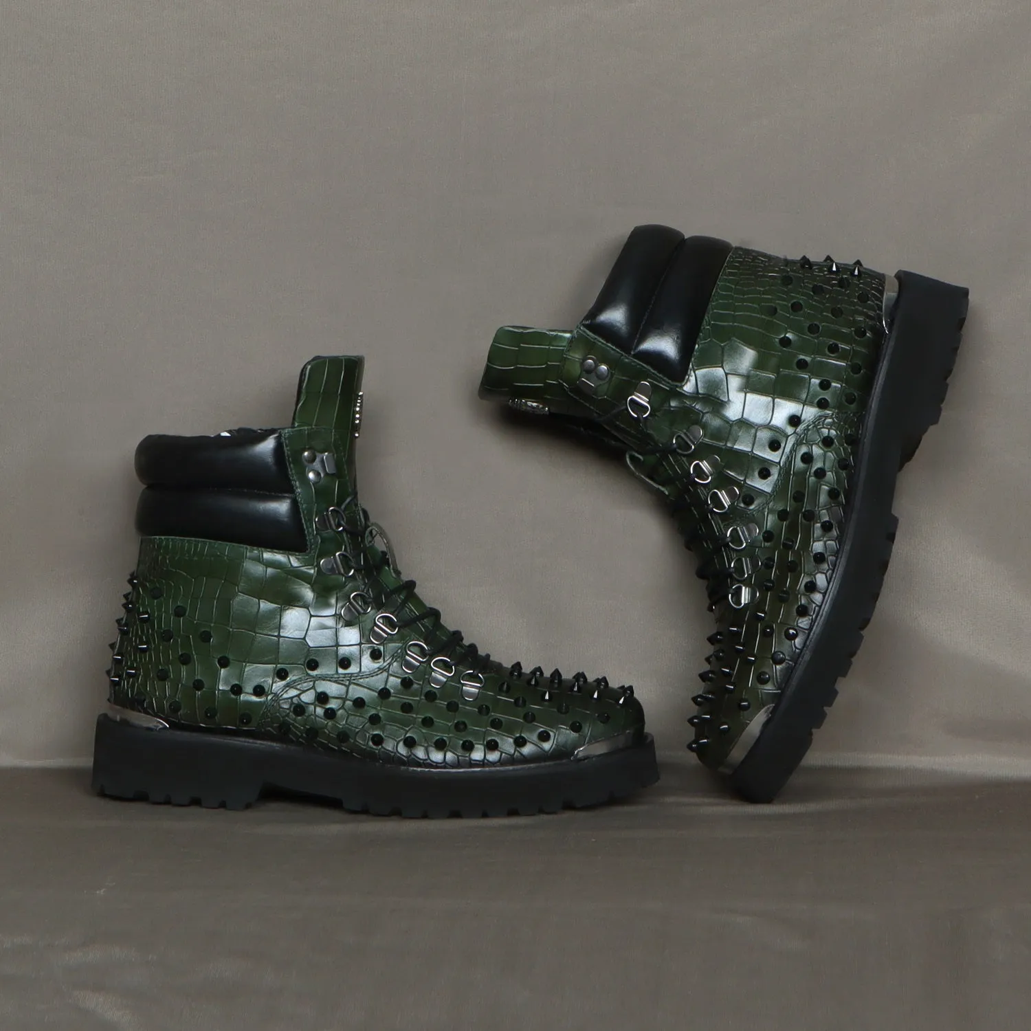 Lace-Up Chunky Boots Green Croco Textured Leather with Black stud by Brune & Bareskin