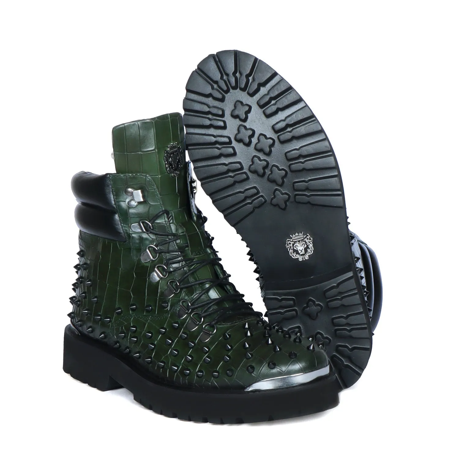 Lace-Up Chunky Boots Green Croco Textured Leather with Black stud by Brune & Bareskin