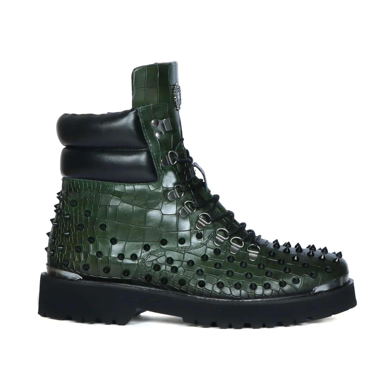 Lace-Up Chunky Boots Green Croco Textured Leather with Black stud by Brune & Bareskin