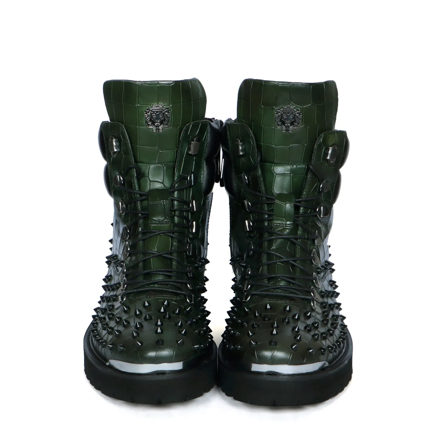 Lace-Up Chunky Boots Green Croco Textured Leather with Black stud by Brune & Bareskin