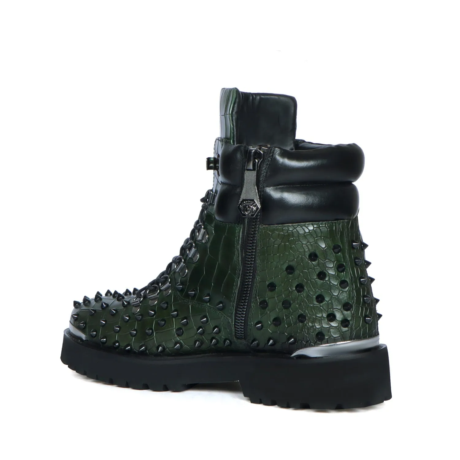 Lace-Up Chunky Boots Green Croco Textured Leather with Black stud by Brune & Bareskin