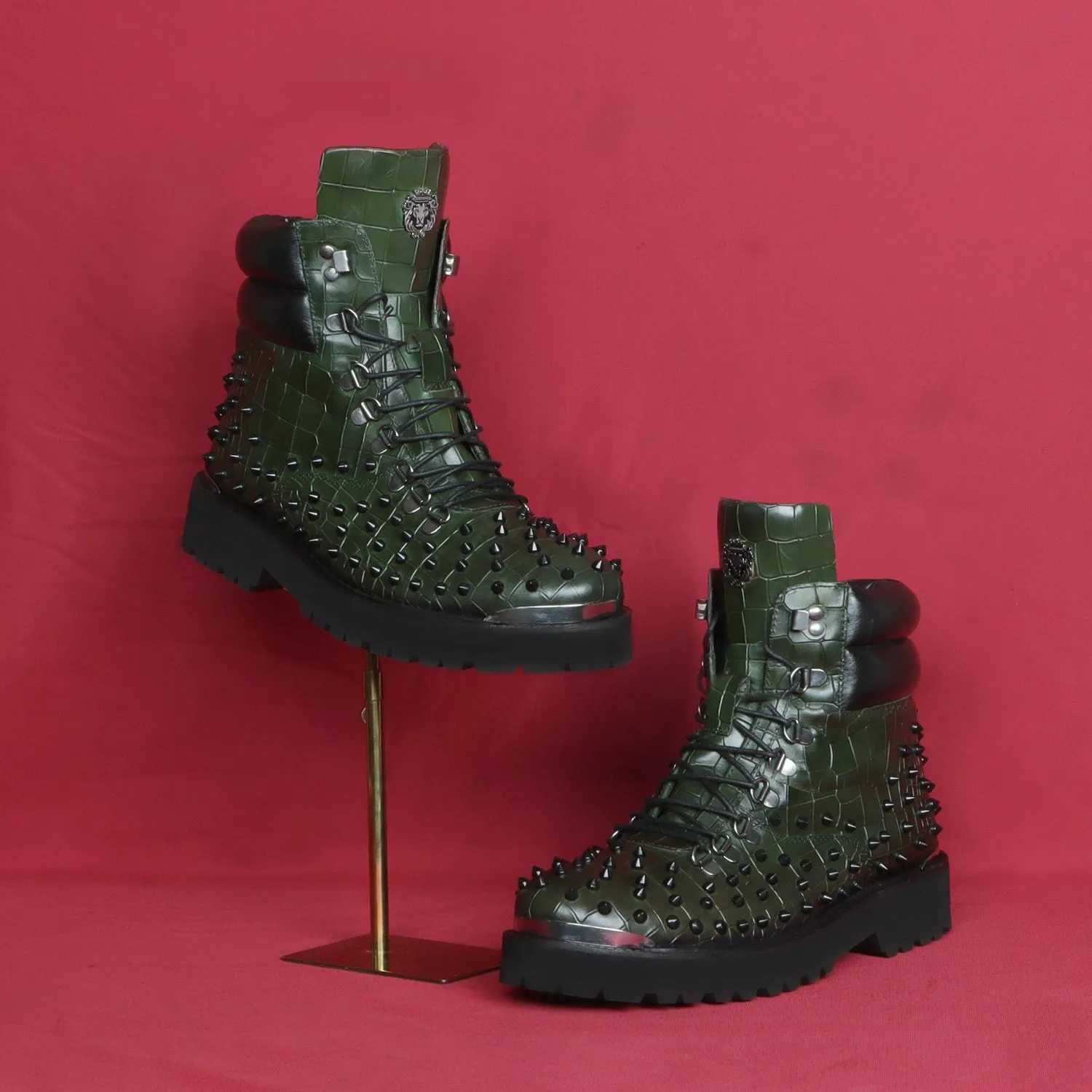 Lace-Up Chunky Boots Green Croco Textured Leather with Black stud by Brune & Bareskin