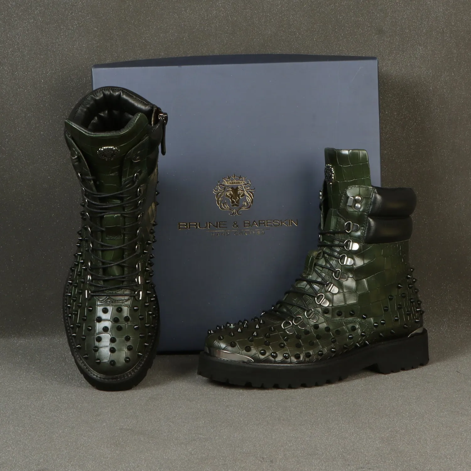 Lace-Up Chunky Boots Green Croco Textured Leather with Black stud by Brune & Bareskin