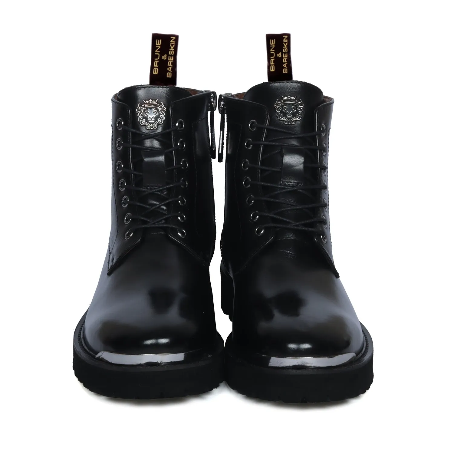 Lace-Up Closure Metal Plate Black Genuine Leather Chunky Boots By Brune & Bareskin