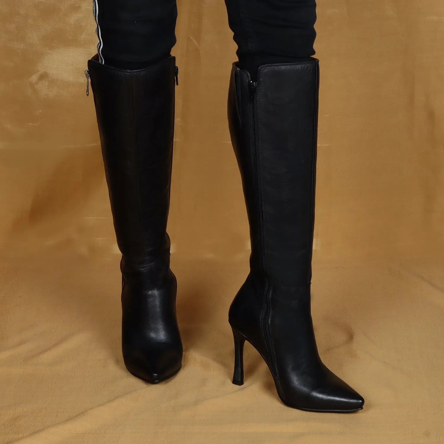 Ladies Stiletto Pencil Heel Boots Black Pointed Toe Zip Closure Knee Heights Leather By Brune & Bareskin