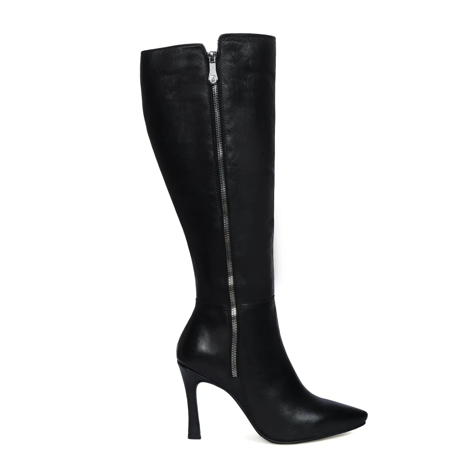 Ladies Stiletto Pencil Heel Boots Black Pointed Toe Zip Closure Knee Heights Leather By Brune & Bareskin