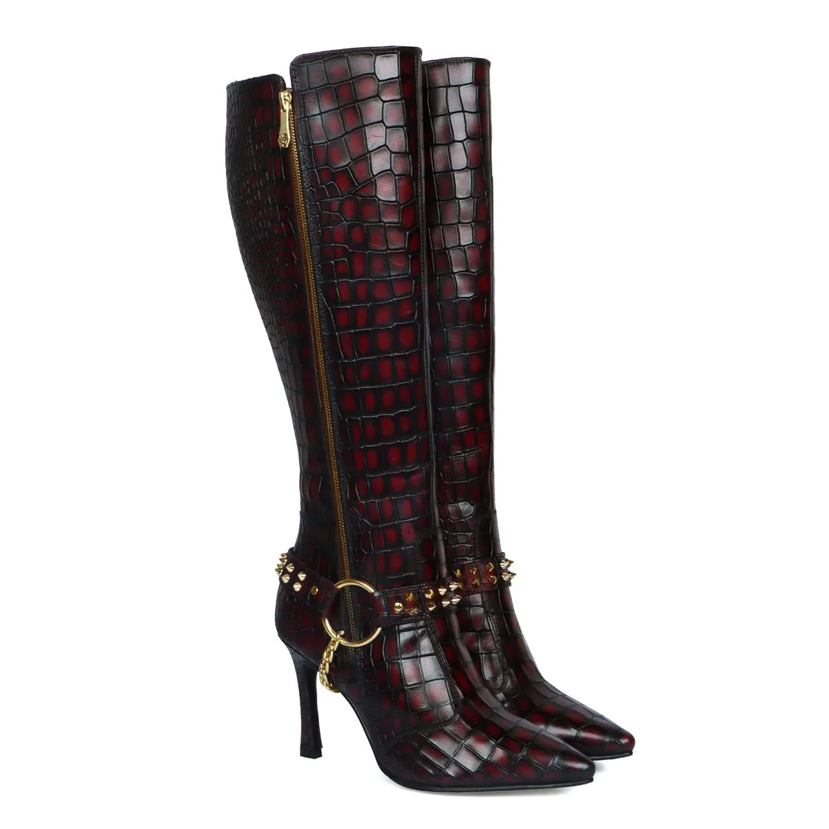 Ladies Stiletto Pencil Heel Boots Smokey Wine Pointed Toe Both Side Zip Closure Removable Studded Buckle Strap by Brune & Baresk