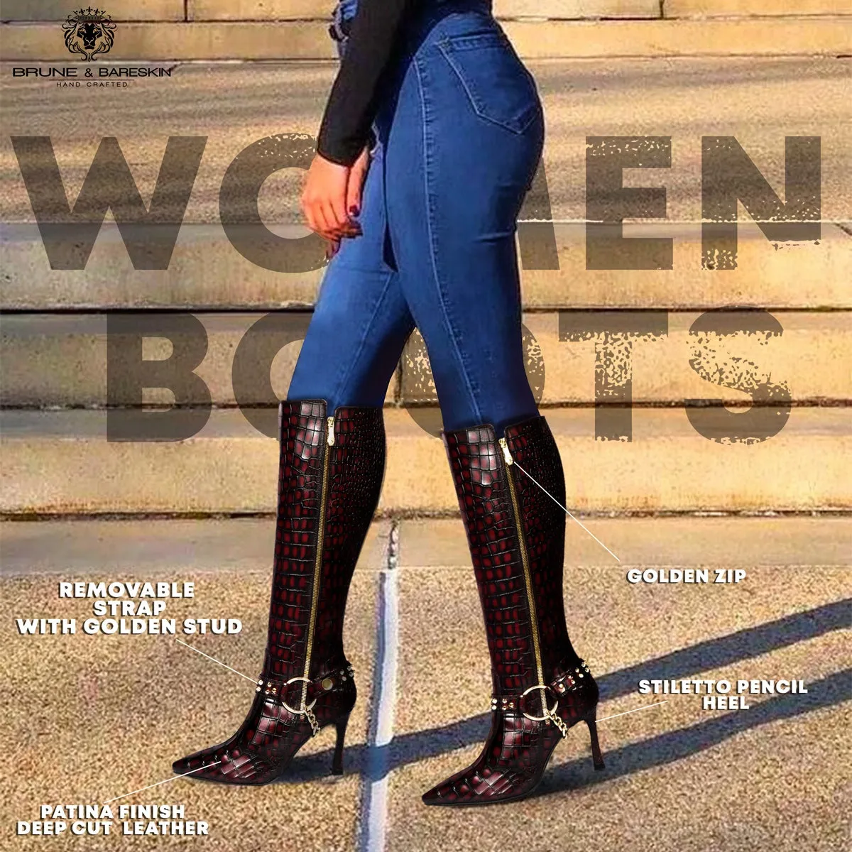 Ladies Stiletto Pencil Heel Boots Smokey Wine Pointed Toe Both Side Zip Closure Removable Studded Buckle Strap by Brune & Baresk