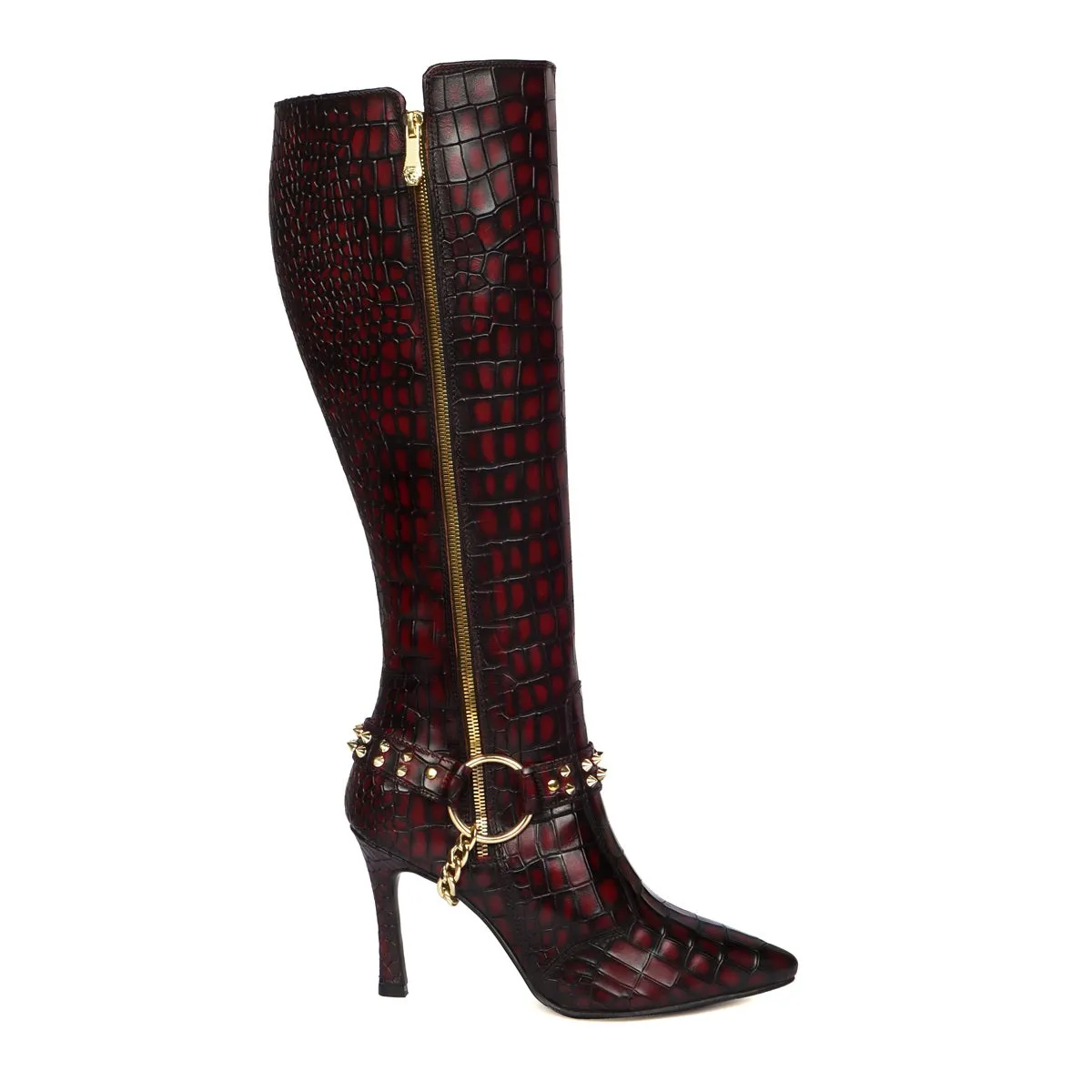 Ladies Stiletto Pencil Heel Boots Smokey Wine Pointed Toe Both Side Zip Closure Removable Studded Buckle Strap by Brune & Baresk