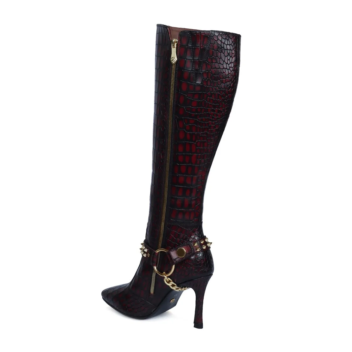 Ladies Stiletto Pencil Heel Boots Smokey Wine Pointed Toe Both Side Zip Closure Removable Studded Buckle Strap by Brune & Baresk