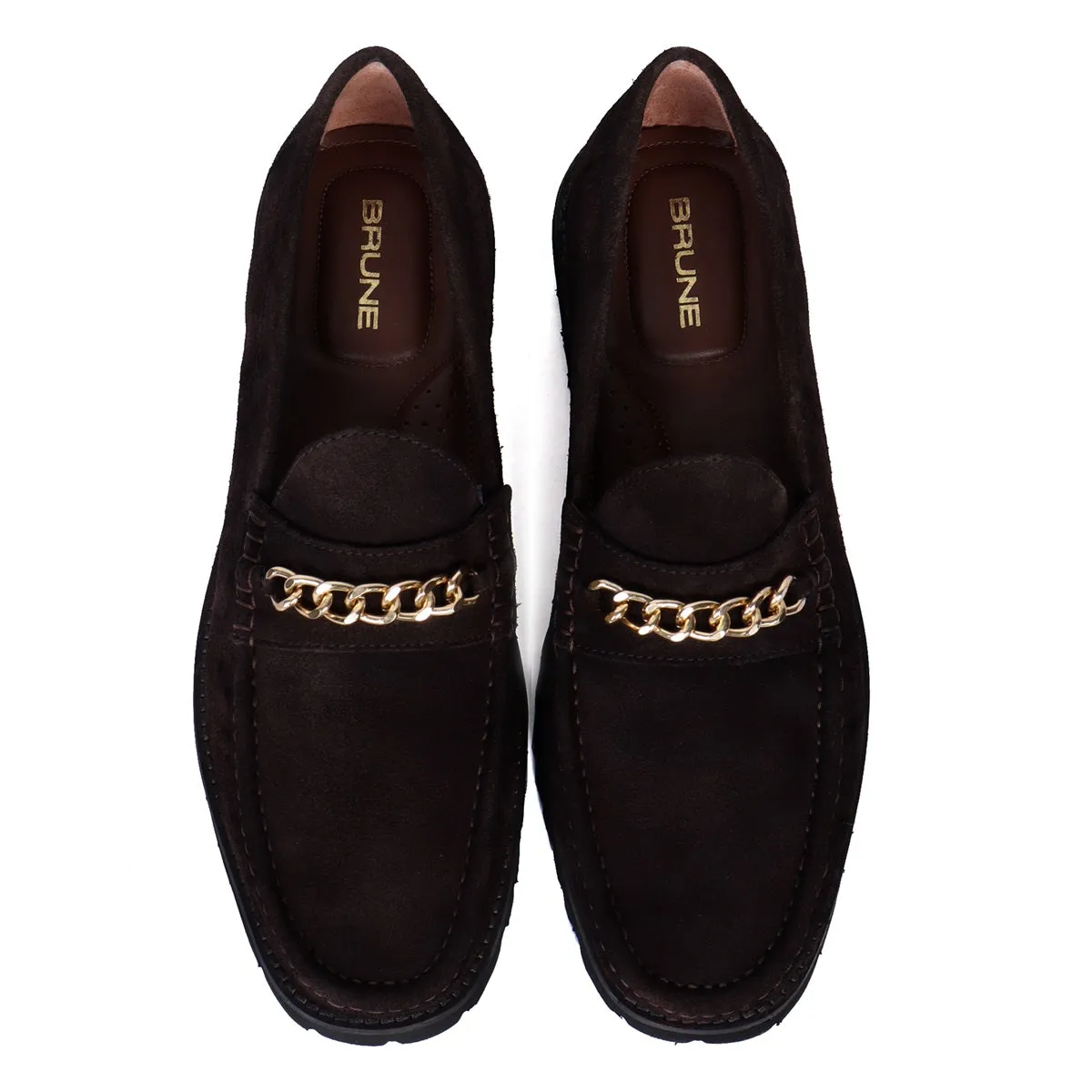 Light Weight Chunky Sole Loafers in Dark Brown Suede Leather with Golden Chain