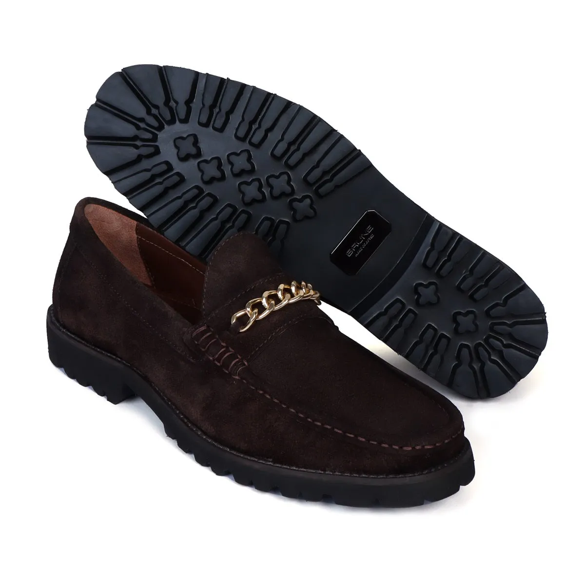 Light Weight Chunky Sole Loafers in Dark Brown Suede Leather with Golden Chain