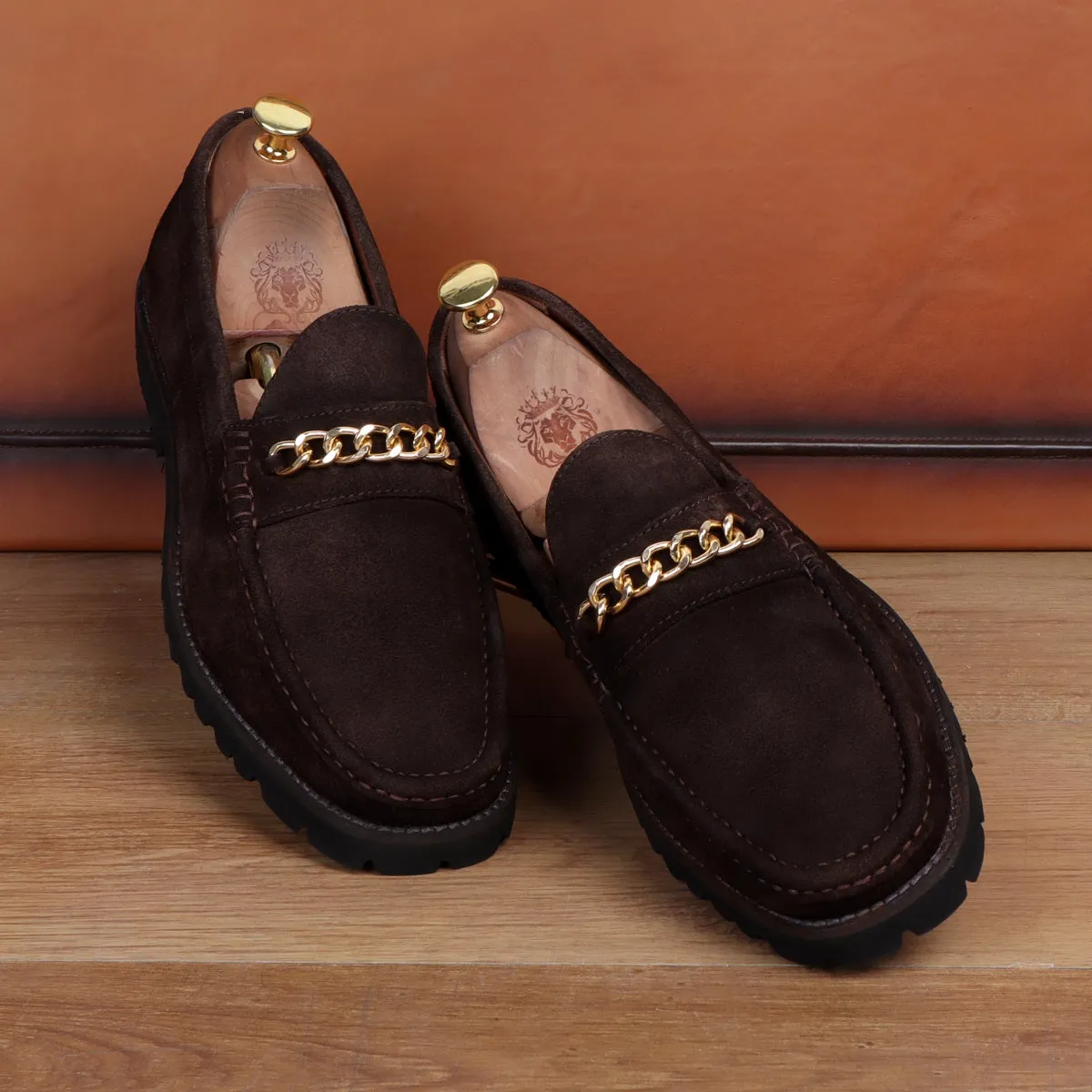 Light Weight Chunky Sole Loafers in Dark Brown Suede Leather with Golden Chain