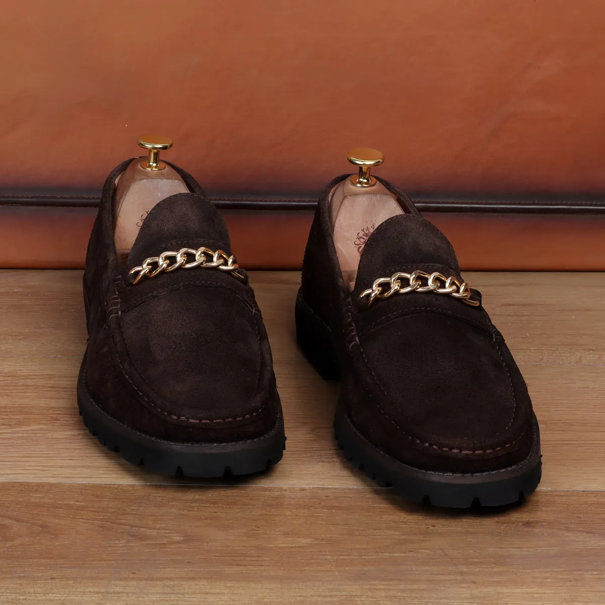 Light Weight Chunky Sole Loafers in Dark Brown Suede Leather with Golden Chain