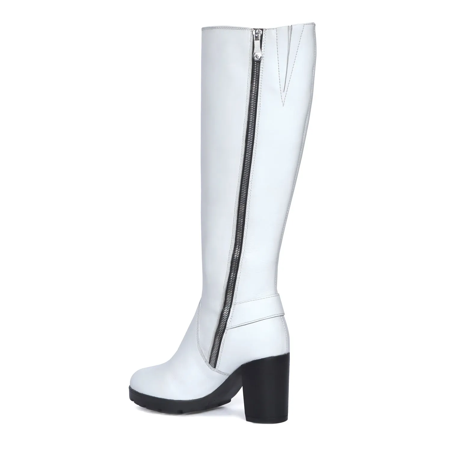 Luxourious White Leather Blocked Heel Buckled Long Zipper Boots For Ladies By Brune & Bareskin