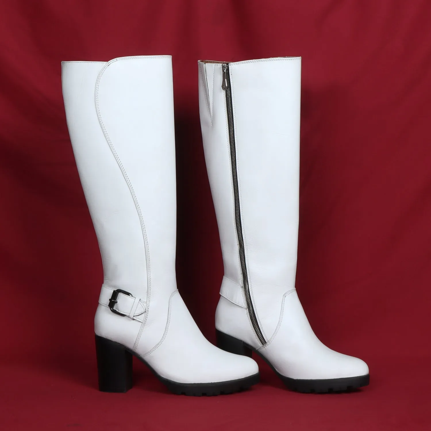 Luxourious White Leather Blocked Heel Buckled Long Zipper Boots For Ladies By Brune & Bareskin