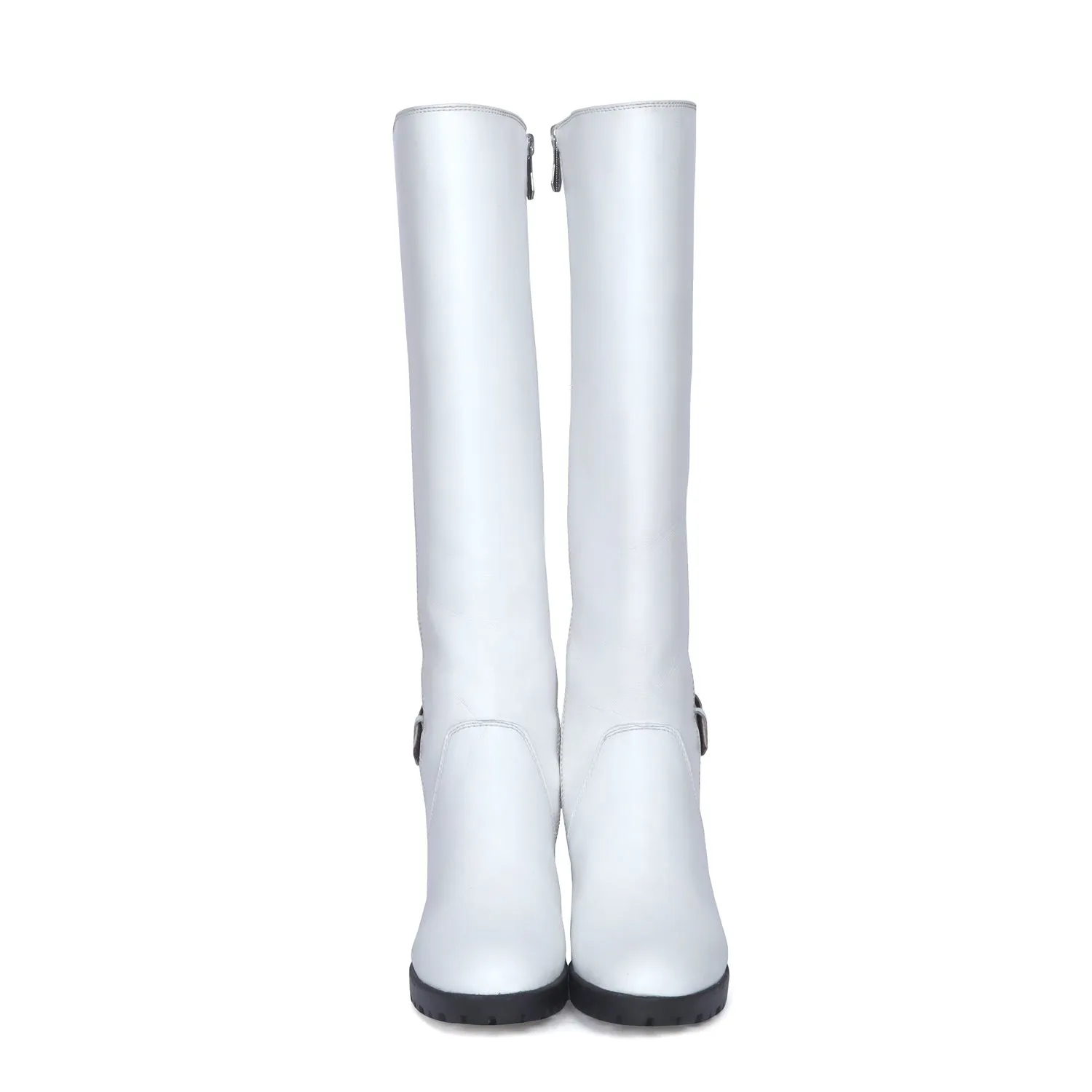 Luxourious White Leather Blocked Heel Buckled Long Zipper Boots For Ladies By Brune & Bareskin