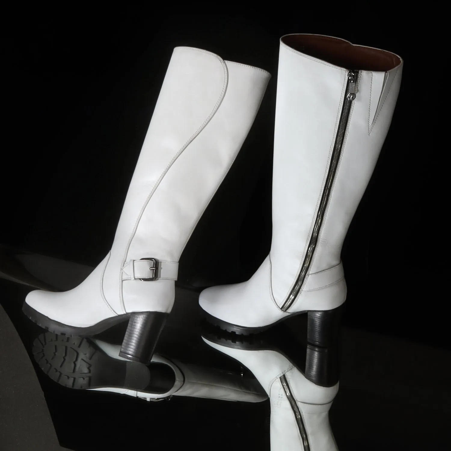 Luxourious White Leather Blocked Heel Buckled Long Zipper Boots For Ladies By Brune & Bareskin